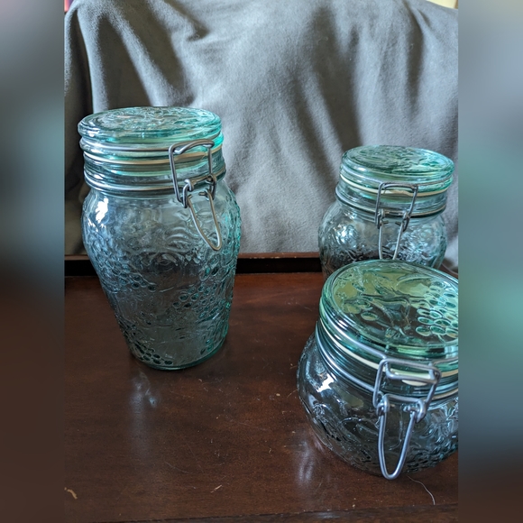 VTG. Libby Glass Embossed Flip Top Canisters with Ring Canada Set of 3 - Picture 4 of 10